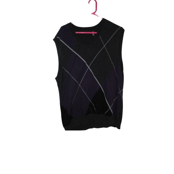 Claiborne Sleeveless Sweater Vest grey plaid with purple and white - Picture 1 of 3